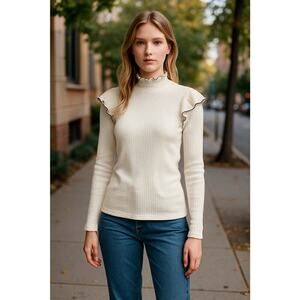 Loft Pointelle‎ Ruffle Sleeve Ribbed Knit Sweater Top Size XL Cream Fall Preppy